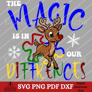 Festliche Urlaub Rentier SVG und PNG Dateien mit einem Autismus Awareness Twist: Dekorieren Sie mit Bedeutung! Autismus Akzeptanz svg png dxf pdf Datei