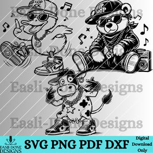 K&ouml;nnte beinhalten: Schwarz-wei&szlig; digitale Illustration eines Entchens, eines B&auml;ren und einer Kuh, die Hip-Hop-Kleidung und Accessoires tragen. Das Entchen tr&auml;gt eine Baseballkappe mit der Aufschrift "Hip Hop Duck". Der B&auml;r tr&auml;gt eine Baseballkappe mit der Aufschrift "Hip Hop" und eine Sonnenbrille. Die Kuh tr&auml;gt eine Baseballkappe und eine goldene Kette.