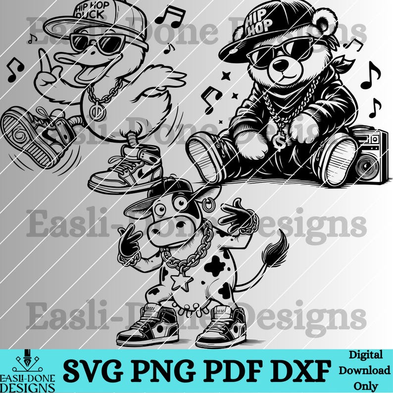 K&ouml;nnte beinhalten: Schwarz-wei&szlig; digitale Illustration eines Entchens, eines B&auml;ren und einer Kuh, die Hip-Hop-Kleidung und Accessoires tragen. Das Entchen tr&auml;gt eine Baseballkappe mit der Aufschrift "Hip Hop Duck". Der B&auml;r tr&auml;gt eine Baseballkappe mit der Aufschrift "Hip Hop" und eine Sonnenbrille. Die Kuh tr&auml;gt eine Baseballkappe und eine goldene Kette.