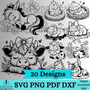 Puede incluir: Diseños digitales en blanco y negro con animales de granja durmiendo, incluyendo un burro, pollitos en nidos, cerdos, vacas y un caballo. La imagen incluye el texto "20 Designs" y opciones de tipo de archivo: SVG, PNG, PDF y DXF.