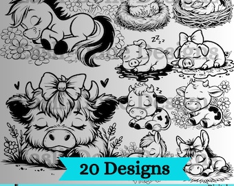 May include: Black and white digital designs featuring sleeping farm animals, including a donkey, chicks in nests, pigs, cows, and a horse. The image includes the text "20 Designs" and file type options: SVG, PNG, PDF, and DXF.