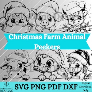 Christmas Farm Animal Peeking Outline Bundle SVG PNG pdf and dxf File laser cut digital download Vector clipart sublimation highland cow svg