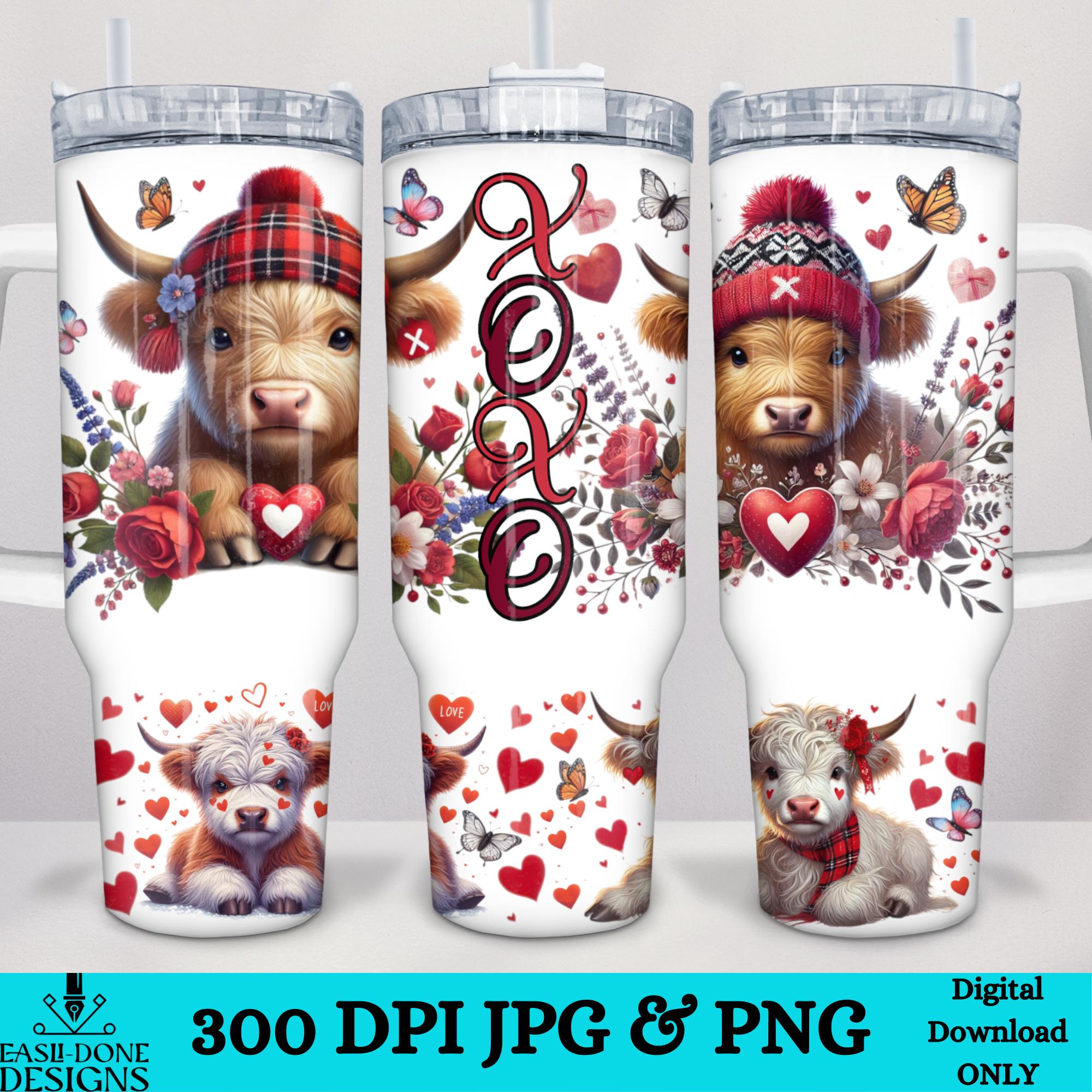 Highland cow Valentine 40oz Tumbler png Wrap 40 oz PNG JPG sublimation and DTF Design xoxo farm animal Valentine hearts clipart tumbler wrap