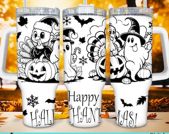 May include: Three sublimation tumbler designs featuring a turkey, ghost, and a bat with the words "Happy Hanukkah" and "Happy Halloween" on the tumblers.