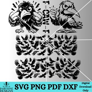 May include: Black and white digital design featuring two cartoon crows with angry expressions. The image includes the text "CAW" and a flock of flying birds. The design is available in SVG, PNG, PDF, and DXF formats.