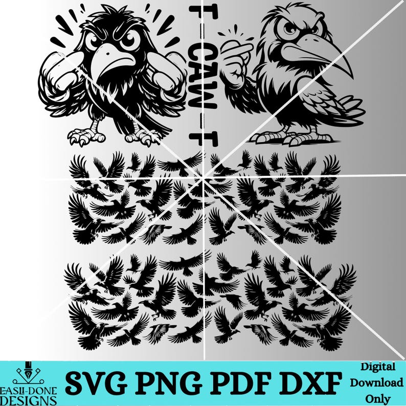 May include: Black and white digital design featuring two cartoon crows with angry expressions. The image includes the text "CAW" and a flock of flying birds. The design is available in SVG, PNG, PDF, and DXF formats.