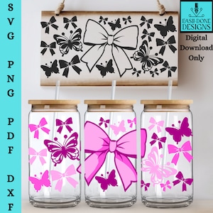 Rosa Schleifen und Schmetterlinge Glas kann Becher SVG und PNG-Dateien, überlagerte 16 Unzen Libbey Glas kann Tasse wickeln geschnitten Datei, Schmetterling svg png pdf dxf