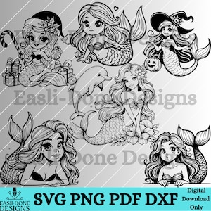 Zeemeerminnen overzicht digitaal bestand bundel SVG PNG pdf dxf-bestanden laser en gesneden vector clipart vakantie sublimatie kawaii zeemeermin svg gluren svg