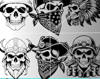 May include: Set of 6 black and white skull illustrations. Each skull has a different style, including a biker, cowboy, viking, and Native American. The skulls are all wearing bandanas or headwear.