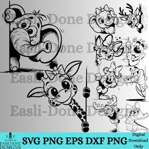 May include: Black and white cartoon animal designs, including an elephant, giraffe, deer, bear, and crocodile, peeking from behind a vertical line. The image includes the text "SVG PNG EPS DXF PNG Digital Download Only."