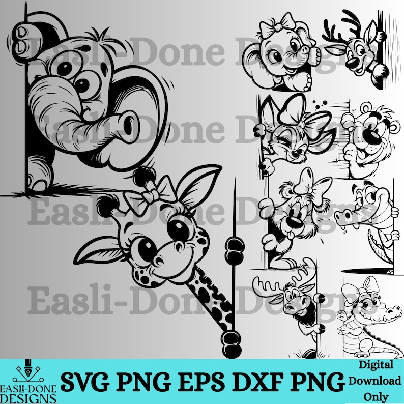 May include: Black and white cartoon animal designs, including an elephant, giraffe, deer, bear, and crocodile, peeking from behind a vertical line. The image includes the text "SVG PNG EPS DXF PNG Digital Download Only."