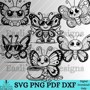 Pacchetto SVG farfalla, divertenti farfalle svg png, farfalla dei cartoni animati svg, pacchetto clipart farfalla, disegni di ricamo laser Cricut per pareti