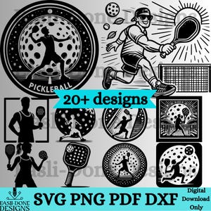 May include: Black and white pickleball-themed digital designs. The image includes illustrations of pickleball players, paddles, and balls. Text includes "PICKLEBALL" and "20+ designs". Formats include SVG, PNG, PDF, and DXF.