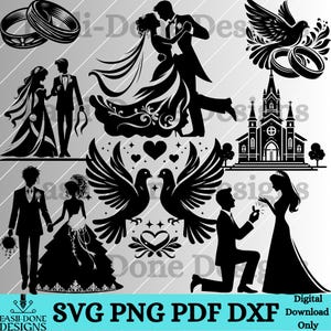 Bröllopssilhuett SVG PNG pdf- och dxf-filer direktnedladdning brud och brudgum clipart vigselringar svg kärlek svg skärare och laserskurna filer
