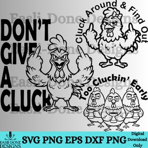 Sarcastische kip SVG-bundel, grappige boerderij kip SVG, volwassen humor kip ontwerpen, snijplank en shirt SVG, middelvinger svg, F Caw F svg afbeelding 2