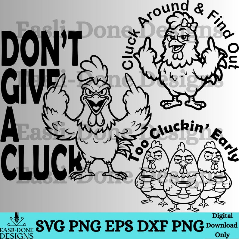Sarcastische kip SVG-bundel, grappige boerderij kip SVG, volwassen humor kip ontwerpen, snijplank en shirt SVG, middelvinger svg, F Caw F svg afbeelding 2
