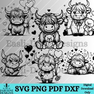 Highland Cow Valentine Outline Bundle SVG PNG pdf and dxf Files laser and cut digital download Vector clipart sublimation Farm animal svg
