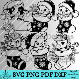 May include: A set of six digital cut files featuring various animals wearing Santa hats and peeking out of Christmas stockings. The animals include a cow, a duck, a pig, a unicorn, and two different styles of a calf. The files are in SVG, PNG, PDF, and DXF formats.