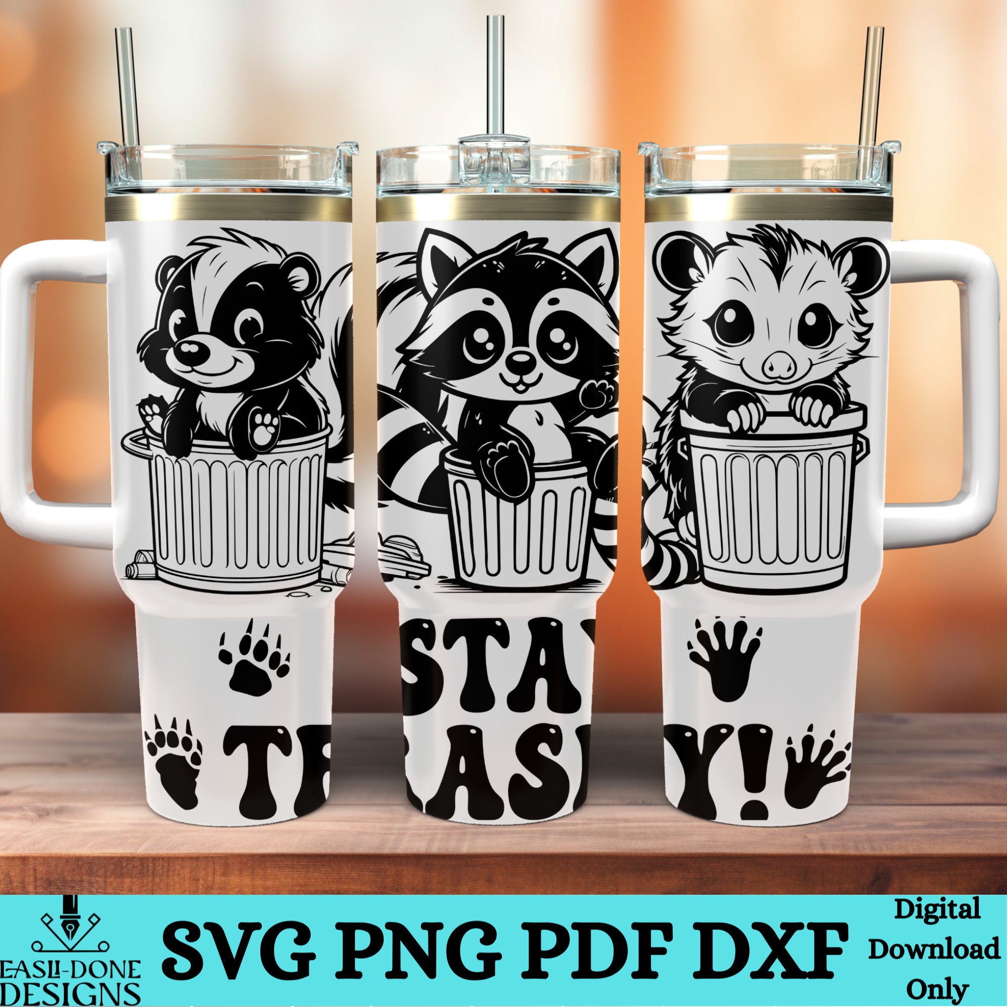 40 oz Tumbler Wrap Stay Trashy SVG PNG DXf archivos pdf 40oz Stay trashy Dupe Wrap png archivo de corte por sublimación láser Racoon skunk zarigüeya svg png