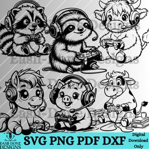 May include: Black and white digital illustration of a raccoon, sloth, cow, pony, and pig wearing headphones and holding video game controllers. The text "SVG PNG PDF DXF Digital Download Only" is at the bottom of the image.