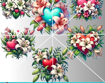 Heart Clipart: Floral PNG JPG, Lilly flowers and hearts Sublimation Design (Digital Download)