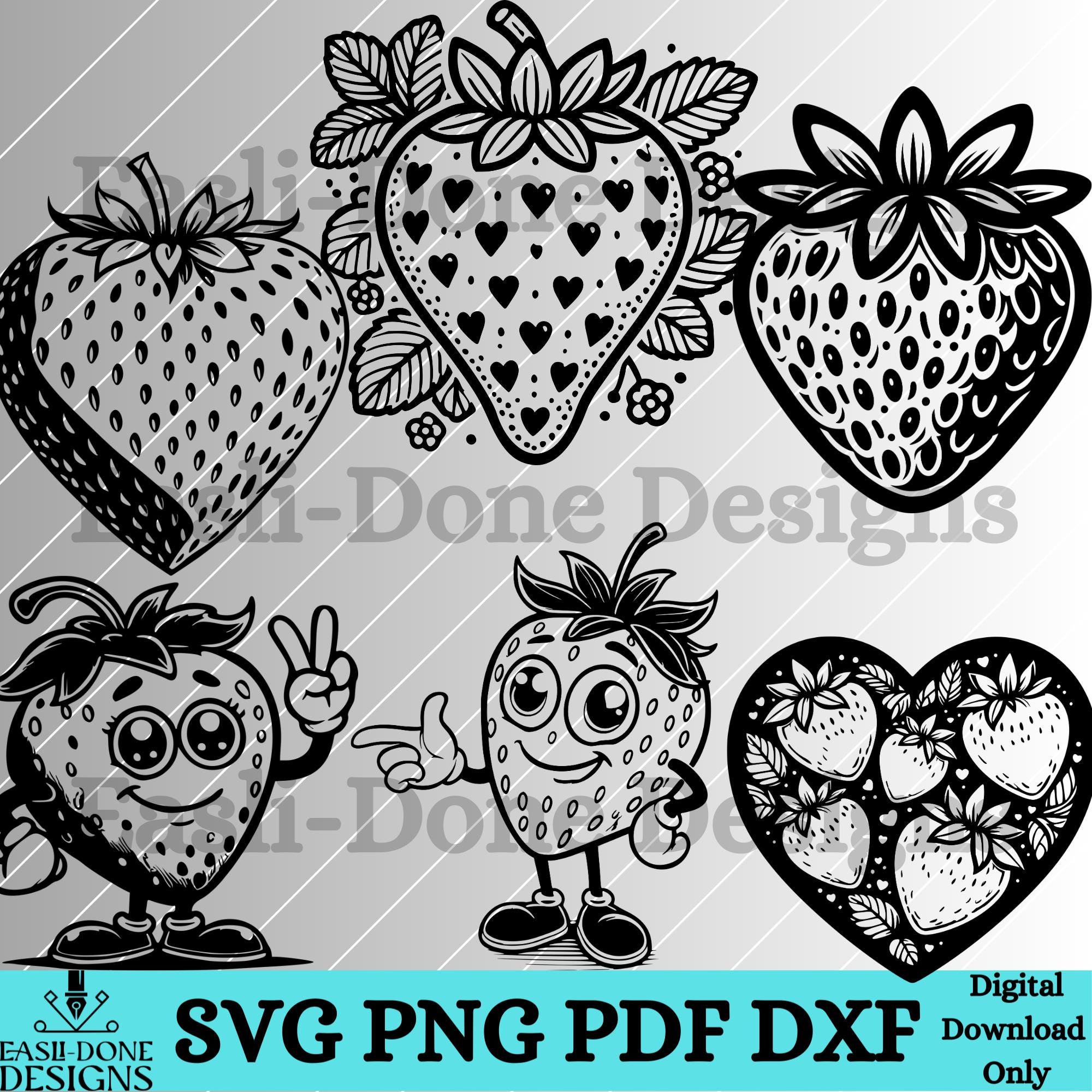 Strawberry SVG PNG Pdf and Dxf Files Instant Download, Cute Kawaii