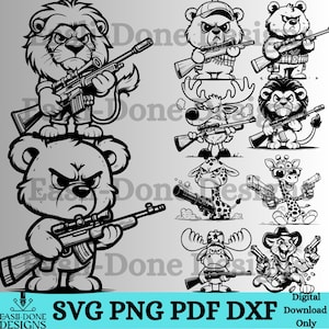 May include: A set of ten black and white digital illustrations of various animals holding guns. The animals include a bear, a deer, a giraffe, a lion, a moose, and a cat. The illustrations are in a cartoon style and are perfect for use in a variety of projects.