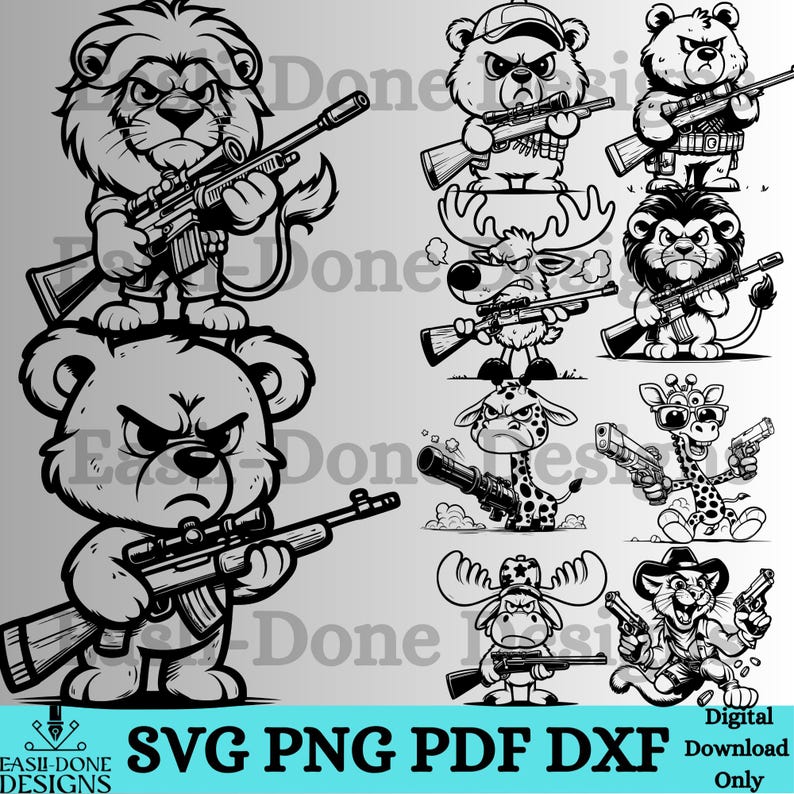May include: A set of ten black and white digital illustrations of various animals holding guns. The animals include a bear, a deer, a giraffe, a lion, a moose, and a cat. The illustrations are in a cartoon style and are perfect for use in a variety of projects.