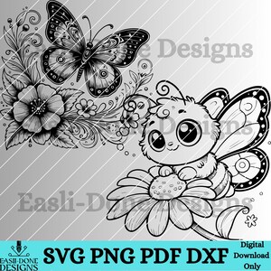 May include: Black and white line art illustration of a cute cartoon bee with large eyes and wings, sitting on a daisy flower. A butterfly with intricate details is flying above the flower.