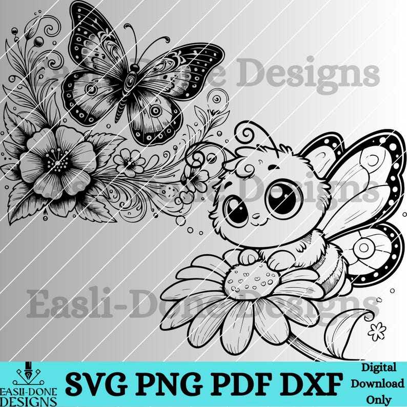 May include: Black and white line art illustration of a cute cartoon bee with large eyes and wings, sitting on a daisy flower. A butterfly with intricate details is flying above the flower.