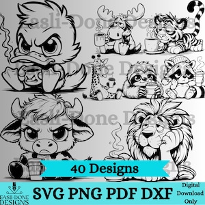 コーヒーSVG動物バンドル、PNG pdfおよびdxfファイルの即時ダウンロード、かわいい疲れた動物のクリップアート、カッターおよびレーザー彫刻ファイル面白い動物