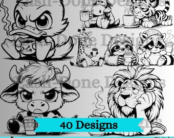 Coffee SVG Animal Bundle, PNG pdf and dxf Files Instant Download, kawaii Tired animal clipart, cutter and laser engraving files Funny Animal