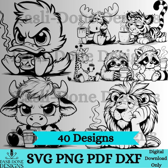 Coffee SVG Animal Bundle, PNG pdf and dxf Files Instant Download, kawaii Tired animal clipart, cutter and laser engraving files Funny Animal