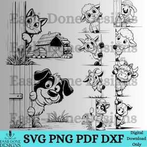 Op de afbeelding: Zwart-wit cartoon illustraties van boerderijdieren, waaronder een kat, schaap, geit, hond, koe, varken en een kat met een hoed. Elk dier kijkt achter een hek of bord vandaan. De afbeelding bevat de tekst "SVG PNG PDF DXF Digital Download Only."