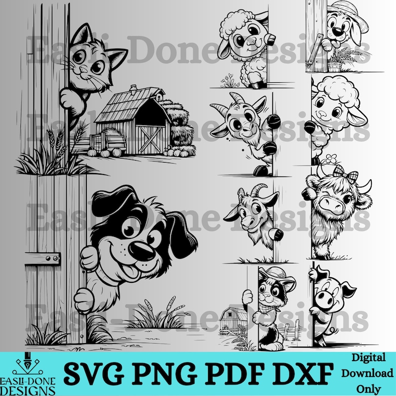Op de afbeelding: Zwart-wit cartoon illustraties van boerderijdieren, waaronder een kat, schaap, geit, hond, koe, varken en een kat met een hoed. Elk dier kijkt achter een hek of bord vandaan. De afbeelding bevat de tekst "SVG PNG PDF DXF Digital Download Only."