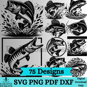 Peut inclure: Illustrations en noir et blanc de différentes espèces de poissons, dont des achigans et des brochets, dans des poses dynamiques. L'image comprend le texte "75 Designs" et les options de format de fichier : SVG, PNG, PDF et DXF.