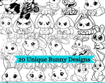 May include: A set of 20 unique black and white bunny illustrations. The bunnies are in various poses, including sitting, standing, and dancing. The illustrations are perfect for use in crafting projects, scrapbooking, or digital design.