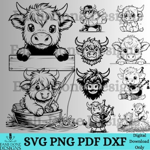 May include: A collection of black and white digital illustrations featuring cartoon Highland cows. The images show cows in different scenarios, including fishing and playing bagpipes. The image includes the text "SVG PNG PDF DXF".