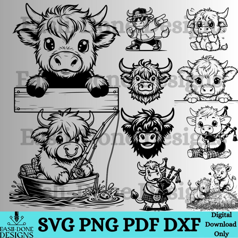 May include: A collection of black and white digital illustrations featuring cartoon Highland cows. The images show cows in different scenarios, including fishing and playing bagpipes. The image includes the text "SVG PNG PDF DXF".