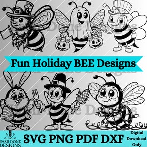 Può includere: Cinque illustrazioni di api in bianco e nero con diversi temi festivi. Le api indossano cappelli e tengono oggetti a tema natalizio. Il testo "Fun Holiday BEE Designs" è nella parte superiore dell'immagine. Il testo "SVG PNG PDF DXF Download digitale solo" è nella parte inferiore dell'immagine.