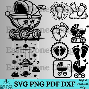 May include: Black and white digital illustrations featuring baby-themed designs. Includes a baby carriage, baby footprints, and a mobile with planets and stars. The text "SVG PNG PDF DXF" is also present.