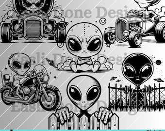 Alien SVG Bundle, hot rod alien svg, motorcycle alien svg, grumpy alien svg, funny Peeking Alien Outline Design (Digital Download)
