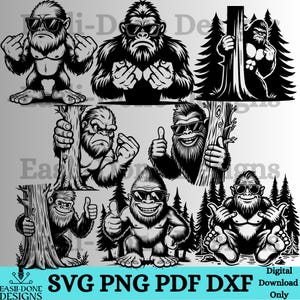 Peut inclure: Plusieurs illustrations en noir et blanc de Bigfoot portant des lunettes de soleil, faisant divers gestes de la main et interagissant avec des arbres. Le bas de l'image contient le texte "SVG PNG PDF DXF Digital Download Only".