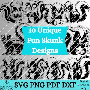 Skunk SVG PNG pdf und dxf Dateien Instant Download Set von 10 entzückenden Designs niedlichen kawaii Skunk Clipart Cutter und Laser Cut Datei Wildlife SVG