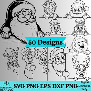 May include: Black and white digital designs of Christmas characters, such as Santa Claus, elves, snowmen, and reindeer. The image includes the text "50 Designs" and file type options: SVG, PNG, EPS, and DXF.