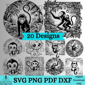 May include: A set of 20 black and white digital designs featuring monkeys in various poses. The designs include monkeys sitting, climbing, swinging, and holding bananas. The text "20 Designs" is displayed in a banner at the top of the image. The text "SVG PNG PDF DXF Digital Download Only" is displayed at the bottom of the image.