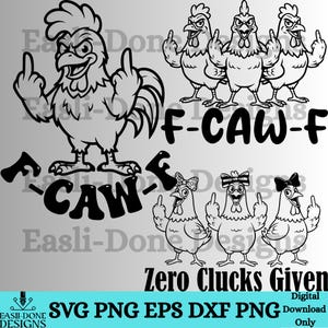 Sarcastische kip SVG-bundel, grappige boerderij kip SVG, volwassen humor kip ontwerpen, snijplank en shirt SVG, middelvinger svg, F Caw F svg afbeelding 3