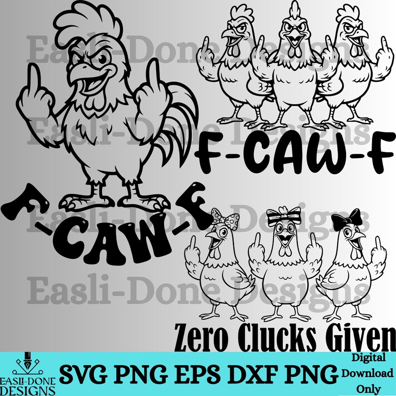 Sarcastische kip SVG-bundel, grappige boerderij kip SVG, volwassen humor kip ontwerpen, snijplank en shirt SVG, middelvinger svg, F Caw F svg afbeelding 3