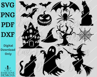 Paquete SVG de siluetas de Halloween: Murciélago, Fantasma y Bruja (Descarga digital)