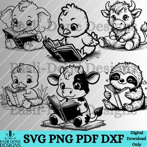 Könnte beinhalten: Fünf Schwarzweißillustrationen von Tieren, die Bücher lesen. Die Tiere sind eine Kuh, eine Ente, ein Faultier, ein Küken und ein Elefant. Die Illustrationen sind im Cartoon-Stil gehalten.